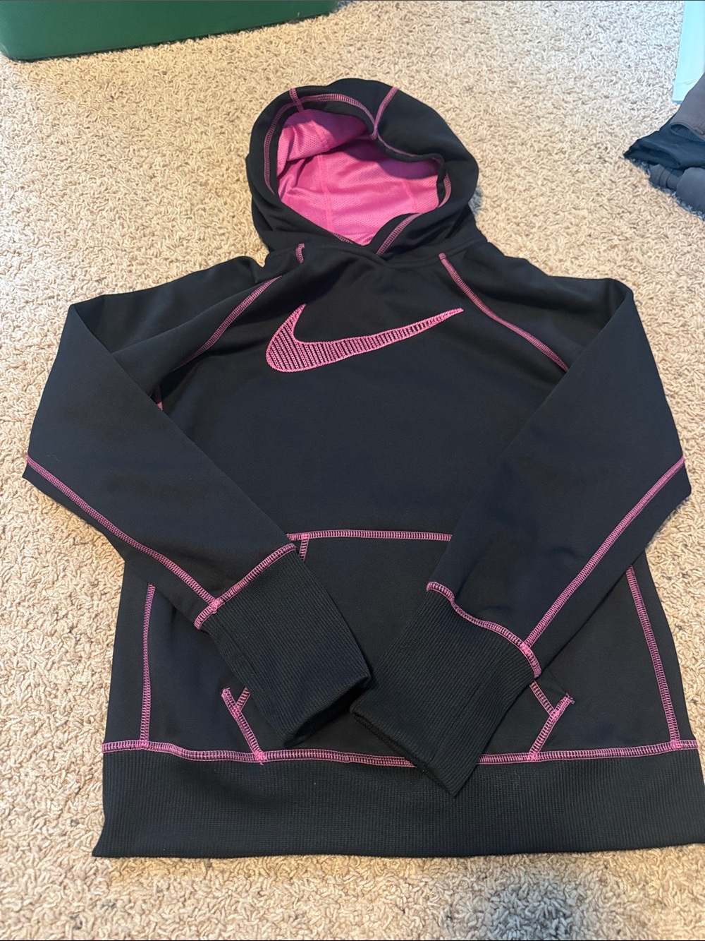 Nike Black Hoodie with Pink Logo and Contrast Stitching